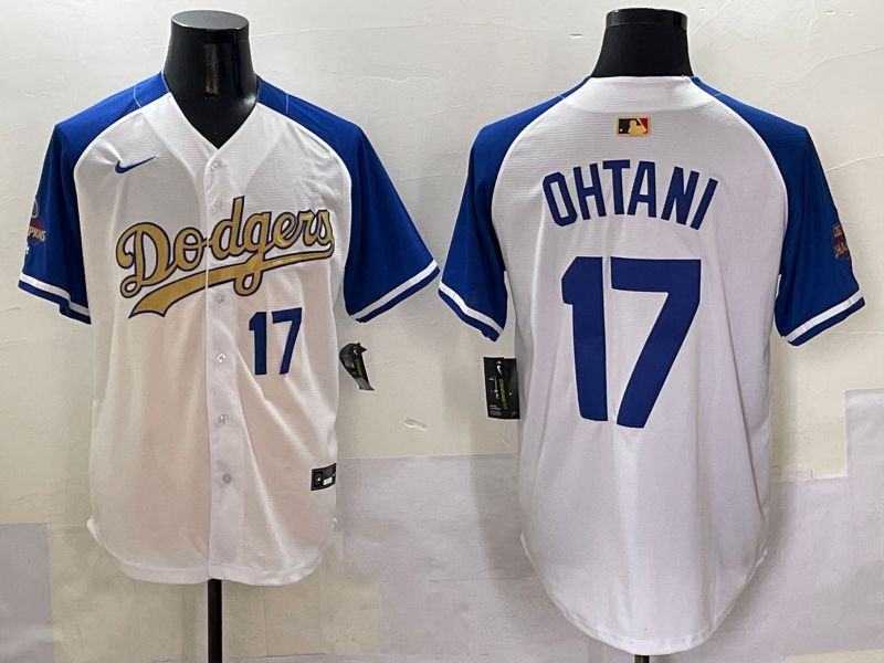 Men Los Angeles Dodgers 17 Ohtani White Blue Champion gold character Nike 2025 MLB Jersey style 50511